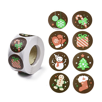8 Patterns Christmas Round Dot Self Adhesive Paper Stickers Roll, Christmas Decals for Party, Decorative Presents, Coffee, 25mm, 500pcs/roll