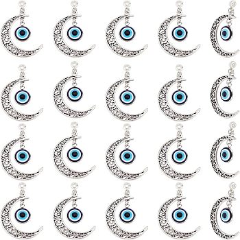 Alloy Hollow Moon Big Pendants, with Blue Resin Evil Eyes, Antique Silver, Cadmium Free & Lead Free, Antique Silver, 50.5mm, Hole: 3.6mm, 20pcs/box