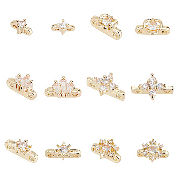 12Pcs 6 Styles Brass Pave Clear Cubic Zirconia Connector Charms, Real 14K Gold Plated, Long-Lasting Plated, Mixed Shapes, 3.5~7x7~11.5x4~5.5mm, Hole: 0.8~1.4mm, 2pcs/style