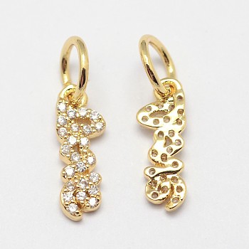 Brass Micro Pave Grade AAA Cubic Zirconia Charms, Cadmium Free & Nickel Free & Lead Free, Real 18K Gold Plated, 13.5x5x1.5mm, Hole: 4mm