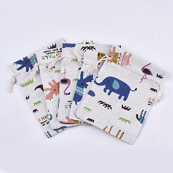 Polycotton(Polyester Cotton) Packing Pouches Drawstring Bags, with Animal Printed, Colorful, 13.7x10cm