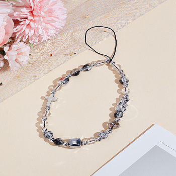 1Pc Plastic Beads Mobile Straps for Women, Phone Decorations Charm, Cross & Bear & Heart & Cube, Silver, 183mm
