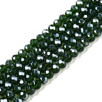 Electroplate Glass Beads Strands, Pearl Luster Plated, Faceted, Rondelle, Dark Green, 3.5~3.8x3mm, Hole: 0.4mm, about 113~115pcs/strand, 32.5~33cm