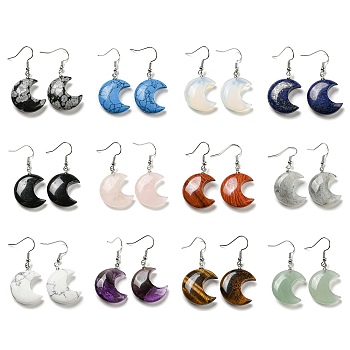 Natural & Synthetic Mixed Gemstone Crescent Moon Dangle Earrings, Rack Plating Platinum Brass Earrings, Cadmium Free & Lead Free, 42x21mm