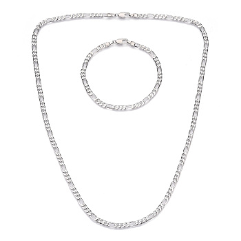 Brass Figaro Chain Necklaces and Bracelets Sets, Real Platinum Plated, 8.46x0.16x0.04 inch(215x4x1mm), Oval: 9.5x4x1mm, Links: 6x4x1mm