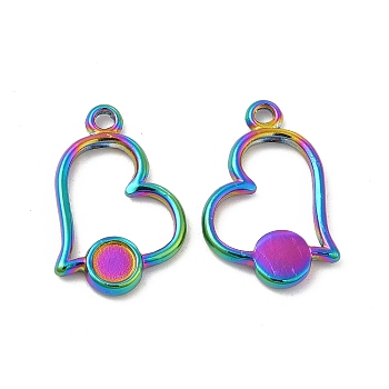Ion Plating(IP) 304 Stainless Steel Pendants, Heart with Round Tray, Rainbow Color, 14x16x2mm, Hole: 1.6mm, Tray: 4mm