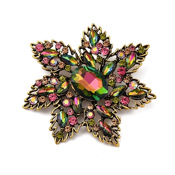 Retro Alloy Colorful Rhinestone Brooches, Flower, Antique Golden, 56.5mm