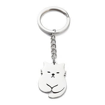 Animal 304 Stainless Steel Pendant Keychains, with Key Ring, Stainless Steel Color, Cat Shape, 8.1cm