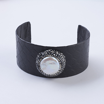 Handmade Snakeskin Leather Cord Cuff Bracelets, with Polymer Clay Rhinestone and Pearls, Flat Round, Black, 1-7/8 inch(47mm)~2 inch(50mm)x2-1/2 inch(63mm~66mm)