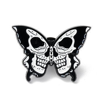 Butterfly Skull Enamel Pin, Halloween Alloy Brooch for Backpack Clothes, Electrophoresis Black, White, 22x30x1.5mm, Pin: 1mm