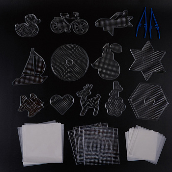ABC Plastic Pegboards used for 5x5mm DIY Fuse Beads, with Ironing Paper and Plastic Fuse Bead Tweezers, Mixed Shapes, Clear