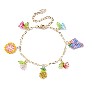 Fruit & Flower Glass Seeds Charm Bracelets, with Golden Brass Paperclip Chains, Colorful, 7-1/8 inch(18cm)