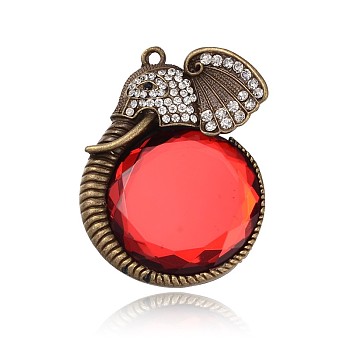 Antique Bronze Plated Alloy Glass Elephant Big Pendants, with Rhinestones, Nickel Free, Red, 59x47x10mm, Hole: 3mm