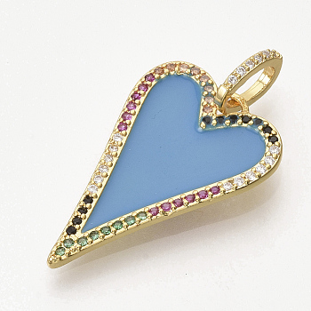 Golden Plated Brass Micro Pave Cubic Zirconia Pendants, with Enamel, Heart, Dodger Blue, 27.5x18x1.5mm, Hole: 3.5x6mm