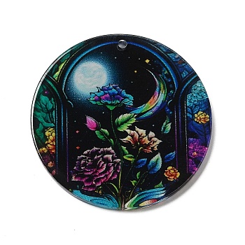 Opaque Acrylic Pendants, Flat Round with Flower, Black, 37.5~38x2mm, Hole: 1.6mm