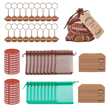 Silicone Rugby Pattern Cord Bracelet, with Rugby PVC Plastic Keychain and  Rectangle Kraft Paper Price Tags and Organza Drawstring Bags, Mixed Color, 85~120x45~90x0.5~1.5mm