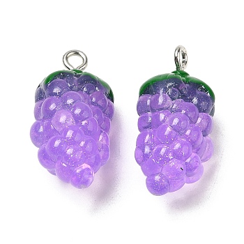 Transparent Resin Fruit Pendants, Grape Charms with Platinum Tone Iron Loops, Purple, 24x12x11mm, Hole: 2mm