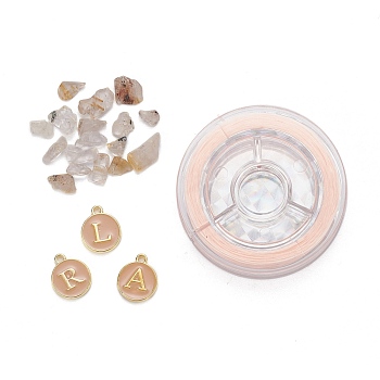 26Pcs Flat Round Initial Letter A~Z Alphabet Enamel Charms, 20G Natural Gold Rutilated Quartz Chip Beads and Elastic Thread, for DIY Jewelry Making Kits, PeachPuff, Alphabet Enamel Charms: 1 set/box