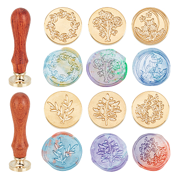 SUPERDANT Brass Wax Seal Stamp Heads & Pearwood Handles Kit, for DIY Scrapbook, Mixed Patterns, Round Head: 25x14.5mm, Handles: about 78.3~78.5x22mm, 8pcs/set