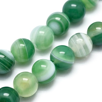 Natural Striped Agate/Banded Agate Beads Strands, Dyed & Heated, Round, Sea Green, 10mm, Hole: 1mm, about 37pcs/strand, 14.9 inch(38cm)