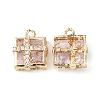 Brass Pave Cubic Zirconia Pendants, Light Gold, Gift Box Charm, Rosy Brown, 15x12.5x5mm, Hole: 1.6mm