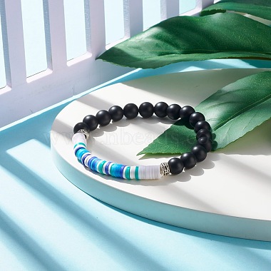 Synthetic Black Stone & Handmade Polymer Clay Heishi Beads Stretch Bracelet(BJEW-JB07509)-3