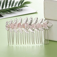 Leaf Natural Rose Quartz Chips Hair Combs, with Iron Combs, Hair Accessories for Women Girls, 45x80x10mm(PW-WG12843-04)