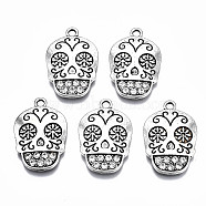 Alloy Crystal Rhinestone Pendants, Cadmium Free & Lead Free, Skull with Flower, Antique Silver, 27x18x3mm, Hole: 2mm(PALLOY-Q441-030-RS)