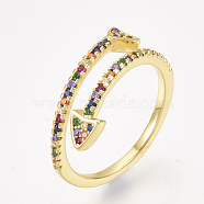 Brass Micro Pave Cubic Zirconia Cuff Rings, Open Rings, Arrow, Colorful, Size 7, 17mm(RJEW-S044-053)