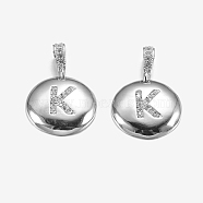 Brass Pendants, with Cubic Zirconia, Cadmium Free & Lead Free, Flat Round with Letter, Platinum, Letter.K, 22mm, Hole: 2x3mm, Pendant: 15x3mm(X-KK-K194-K-P-RS)