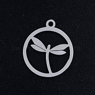 201 Stainless Steel Pendants, Circle with Dragonfly, Hollow, Stainless Steel Color, 17.5x15x1mm, Hole: 1.5mm(STAS-S105-JN368-1)