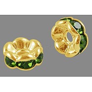 Brass Rhinestone Spacer Beads, Grade A, Wavy Edge, Golden Metal Color, Rondelle, Peridot, 8x3.8mm, Hole: 1mm(X-RB-A014-L8mm-07G)