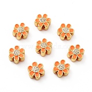Flower Brass Micro Pave Clear Cubic Zirconia Beads, Real 18K Gold Plated, with Enamel, Cadmium Free & Nickel Free & Lead Free, Dark Orange, 10x9x5mm, Hole: 1.8mm(KK-G419-06G-01)