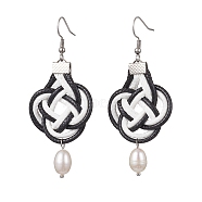 Chinese Knot Waxed Polyester Braided Dangle Earrings, Natural Pearl Drop Earrings, Black, 70~74x28~29mm(EJEW-TA00311)