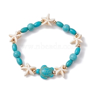 Turtle & Starfish Synthetic Turquoise Beaded Stretch Bracelet, Turquoise, Inner Diameter: 2-3/8 inch(5.9cm)(BJEW-JB09955)