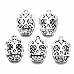 Alloy Crystal Rhinestone Pendants, Cadmium Free & Lead Free, Skull with Flower, Antique Silver, 27x18x3mm, Hole: 2mm(PALLOY-Q441-030-RS)