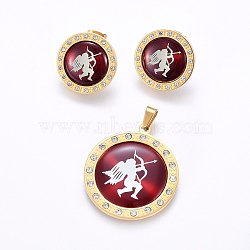 304 Stainless Steel Jewelry Sets, Pendants and Stud Earrings, with Rhinestone and Plastic, Flat Round with Cupid/Cherub, Golden, Pendants: 33x30x2.5mm, Earrings: 20x2.5mm, Pin: 0.8mm(SJEW-O091-16G)