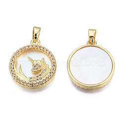 Brass Micro Pave Clear Cubic Zirconia Pendants, with  Natural Shell, Real 18K Gold Plated, Nickel Free, Flat Round with Unicorn, Creamy White, 19.5x16.5x3mm, Hole: 2.5x4mm(KK-N233-393)