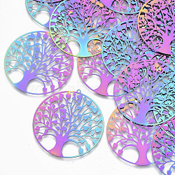 Ion Plating(IP) 201 Stainless Steel Filigree Pendants, Etched Metal Embellishments, Flat Round with Tree of Life, Rainbow Color, 47x45x0.3mm, Hole: 1.2mm(STAS-R102-37)