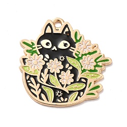 Alloy Enamel Pendants, Golden, Cat with Flower Charm, Black, 28x28x1mm, Hole: 2mm(enam-Q447-05G-01)