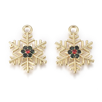 Golden Plated Alloy Pendants, with Rhinestone, Snowflake, for Christmas, Colorful, 19x14.3x2.3mm, Hole: 2mm