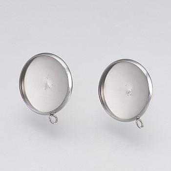 202 Stainless Steel Stud Earring Settings, with 304 Stainless Steel Pins and Loop, Flat Round, Stainless Steel Color, Tray: 16mm, 21x18x2mm, Hole: 1.5mm, Pin: 0.8mm
