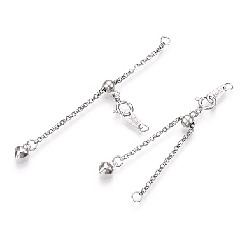 925 Sterling Silver Chain Extender, with S925 Stamp, with Clasps & Curb Chains, Real Platinum Plated, 50mm, Links: 53x1x0.5mm; Clasps: 8x6x1mm; Heart: 6×4×3mm, Label: 7x3x0.5mm.