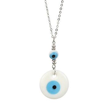 Lampwork Evil Eye Pendant Necklace, with Brass Cable Chains, Platinum, 15.55 inch(39.5cm)