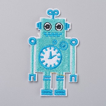 Computerized Embroidery Cloth Iron on/Sew on Patches, Costume Accessories, Appliques, for Backpacks, Clothes, Robot, Turquoise, 78x45x2mm