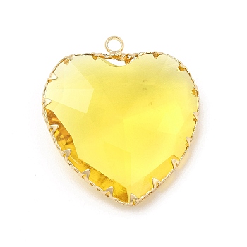 K9 Glass Pendants, Heart Charms, with Light Gold Tone Brass Findings, Faceted, Lt.Col.Topaz, 31x28x9mm, Hole: 2mm