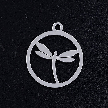 201 Stainless Steel Pendants, Circle with Dragonfly, Hollow, Stainless Steel Color, 17.5x15x1mm, Hole: 1.5mm