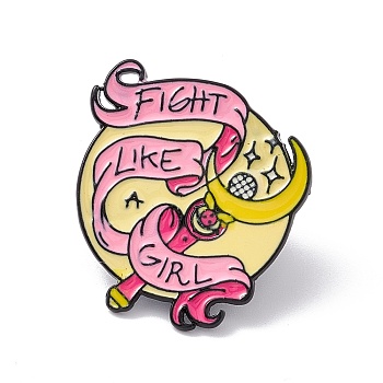 Pink Cartoon Enamel Pin, Word Fight Like Girl Alloy Feminism Badge for Backpack Clothes, Moon Pattern, 27.94x25.4mm
