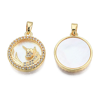 Brass Micro Pave Clear Cubic Zirconia Pendants, with  Natural Shell, Real 18K Gold Plated, Nickel Free, Flat Round with Unicorn, Creamy White, 19.5x16.5x3mm, Hole: 2.5x4mm