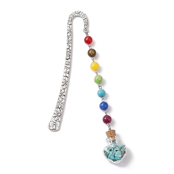 7 Chakra Gemstone Bead & Synthetic Turquoise Glass Heart Wishing Bottle Pendant Bookmarks, Alloy Hook Bookmarks, 153mm